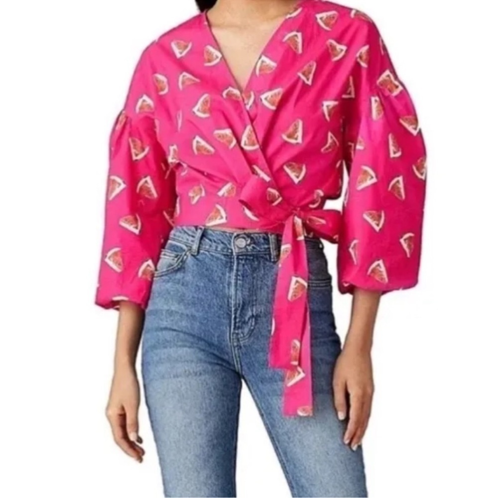 Pink Wrap Blouse with Watermelon Print